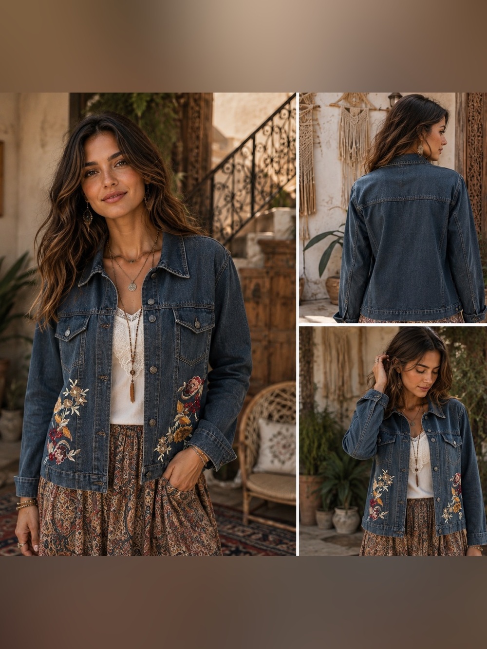 Coldwater Creek Dark Wash Denim Jacket Embroidered Floral Details